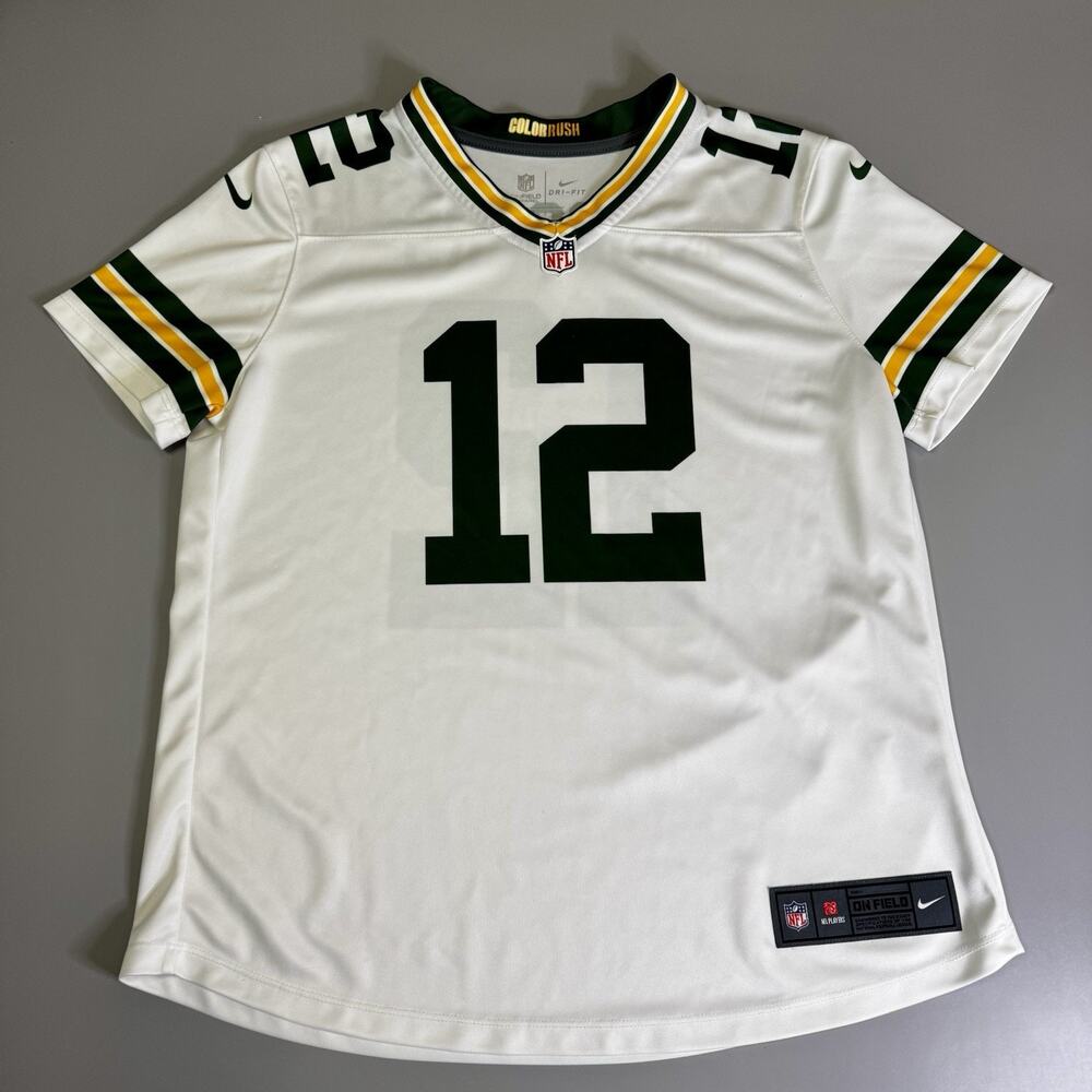 Nike Dri Fit Jersey #12 Aaron Rodgers White Youth Boys L Large On Field Football